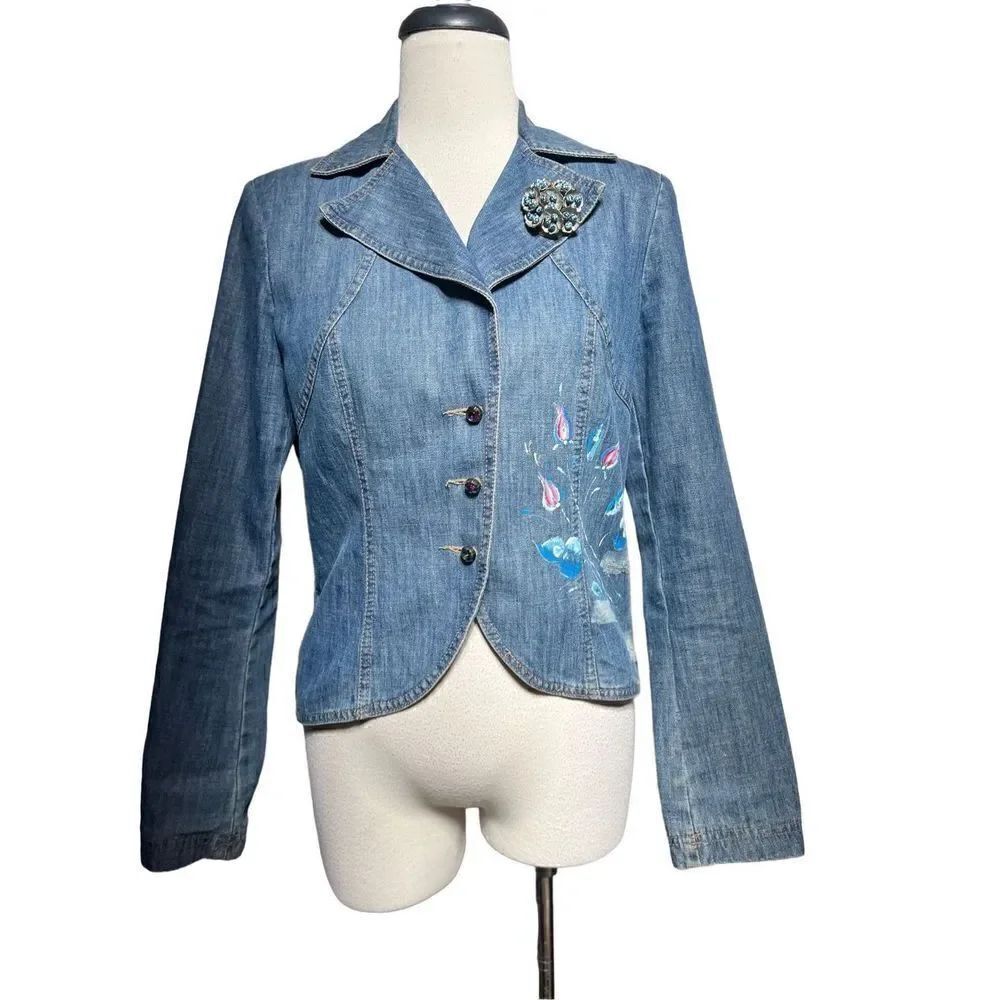 Rare Made in Italy Denim Jacket with Art Painted Floral Design Embellished Size